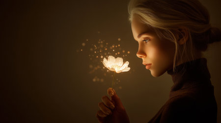 Serene portrait of young woman holding glowing flower, surrounded by soft light and ethereal sparkles. image evokes sense of wonder and tranquility, highlighting beauty of nature and humanの素材