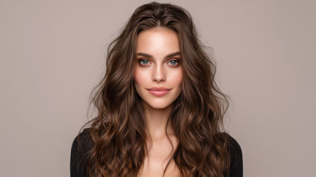 Beautiful woman with long, wavy brown hair and striking green eyes poses against neutral background, exuding confidence and elegance. Her natural makeup enhances her features, creating captivatingの素材