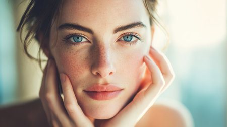 Close up portrait of young woman with striking blue eyes and freckles, gently touching her face. soft lighting enhances her natural beauty, creating intimate and serene atmosphereの素材