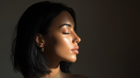 Profile portrait of woman with dark hair, showcasing her smooth skin and natural makeup. soft lighting highlights her features, creating serene and elegant atmosphereの素材