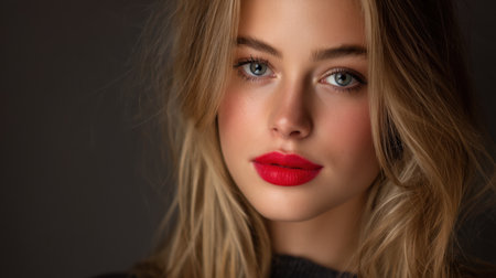 Close up portrait of young woman with long blonde hair and striking blue eyes. She has flawless complexion and bold red lips, exuding confidence and beauty. soft lighting enhances her featuresの素材