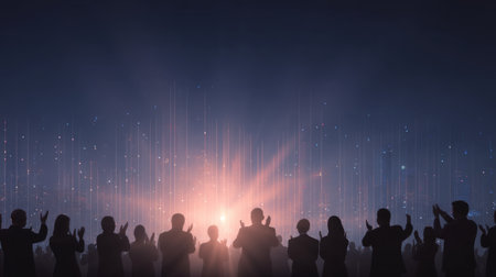 Crowd of silhouetted figures stands front of vibrant light display, creating atmosphere of excitement and anticipation. scene captures essence of lively event or performance, with beams of lightの素材