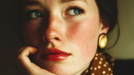 Close up portrait of young woman with freckles, blue eyes, and thoughtful expression. She has stylish scarf and large earrings, conveying sense of elegance and contemplationの素材