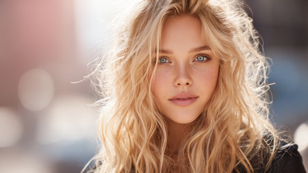 Blonde hair wavy hair blue eyes natural beauty soft lighting outdoor portrait youthful appearance smiling close up casual styleの素材