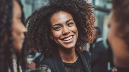 Smiling woman with curly hair at social gathering, exuding joy and confidence. atmosphere is lively, with blurred figures in background, suggesting celebration or eventの素材
