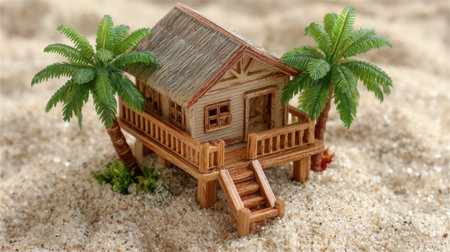 Miniature wooden house surrounded by sandy terrain and two small palm trees creates serene tropical scene. This charming setup evokes feelings of relaxation and escapeの素材