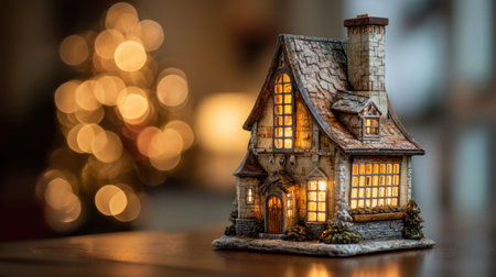 Charming miniature house with warm glowing lights, set against softly blurred background of festive bokeh. This delightful decoration evokes cozy holiday spiritの素材