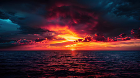 Breathtaking sunset over ocean, showcasing vibrant colors of orange, red, and purple against dramatic sky filled with clouds. tranquil water reflects stunning hues, creating serene atmosphereの素材