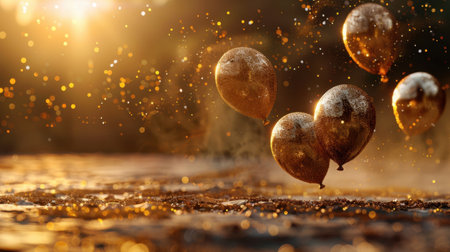Floating balloons shimmer in golden light, surrounded by sparkling dust and warm atmosphere, creating festive and magical ambianceの素材
