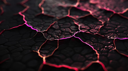Cracked surface with glowing edges, showcasing intricate patterns and textures. dark background contrasts with vibrant pink and purple highlights, creating visually striking effectの素材
