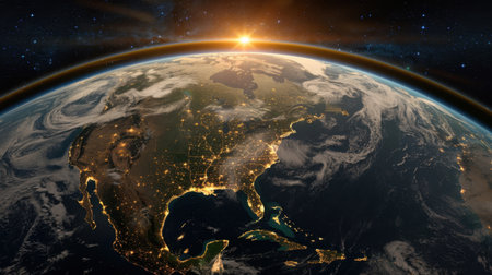 Stunning view of Earth from space, showcasing illuminated cities of North America against backdrop of swirling clouds and vastness of universe. sunrise casts warm glow over horizon, creatingの素材