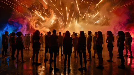 Vibrant crowd gathers in anticipation, silhouetted against backdrop of colorful smoke and dazzling fireworks. atmosphere is electric, filled with excitement and energyの素材