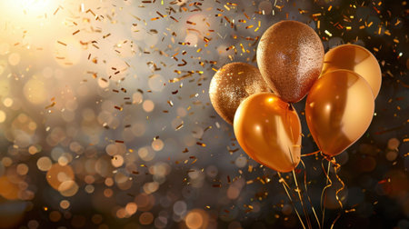 Golden balloons float amidst shower of confetti, creating festive atmosphere perfect for celebrations. shimmering background enhances joyful mood, making it ideal for party themesの素材