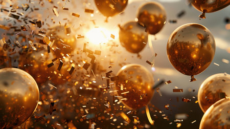 Golden balloons float amidst shower of shimmering confetti, creating festive atmosphere. warm sunlight enhances celebratory mood, perfect for parties and special occasionsの素材