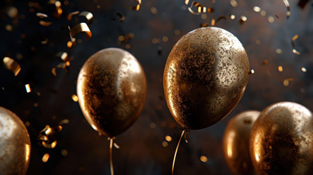 Golden balloons float amidst swirling confetti, creating festive atmosphere perfect for celebrations. shimmering texture and vibrant colors evoke joy and excitementの素材
