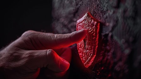 Hand gently touches textured red shield emblem against dark background, creating sense of intrigue and mystery. contrast between vibrant red and dark surface enhances visual impactの素材