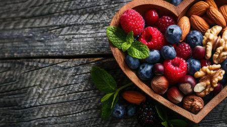 Fresh berries and nuts arranged in heart shaped wooden bowl, showcasing vibrant colors and textures, perfect for healthy snack or decoration. natural elements evoke sense of wellness and joyの素材