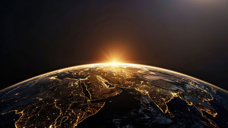 Stunning view of Earth from space, showcasing illuminated cities and landscapes as sun rises on horizon, creating breathtaking contrast between light and darknessの素材