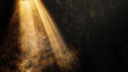 Golden light beams illuminate dark background, creating dramatic and ethereal atmosphere. particles in light add magical touch, enhancing visual appealの素材