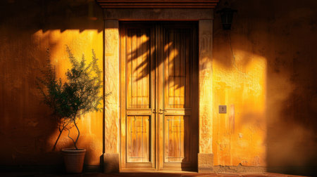 Elegant wooden doors framed by warm yellow walls create welcoming entrance, illuminated by soft sunlight casting gentle shadows. potted plant adds touch of nature to this charming sceneの素材