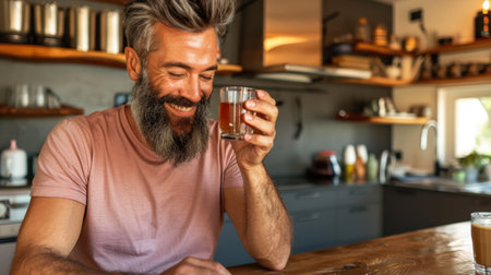 Man with beard enjoys drink while sitting at wooden table in modern kitchen. He appears happy and relaxed, showcasing moment of joy in his daily routineの素材
