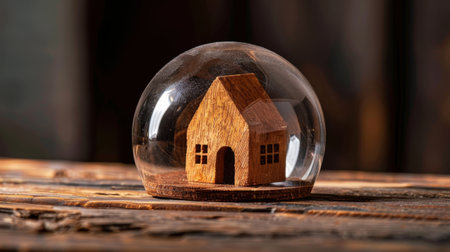 Wooden model house is beautifully displayed inside transparent glass dome, resting on rustic wooden surface. scene evokes sense of warmth and nostalgia, highlighting craftsmanship and simplicityの素材
