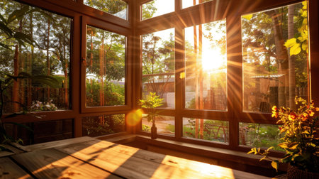 Warm and inviting sunlit room features large windows that frame beautiful garden view. Sun rays filter through glass, creating serene atmosphere filled with natural light and greeneryの素材