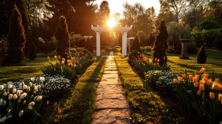 Serene garden pathway lined with vibrant tulips and white flowers leads to charming arbor, illuminated by warm glow of sunset. lush greenery and carefully manicured hedges create peacefulの素材