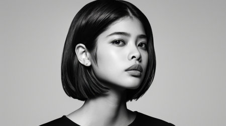 Striking black and white portrait of young woman with sleek bob hairstyle, showcasing her confident expression and smooth skin. minimalist background emphasizes her features and eleganceの素材