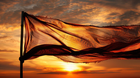 Vibrant flag waves against stunning sunset, showcasing rich hues of orange and red. fabric billows gracefully, capturing beauty of moment and evoking sense of freedom and adventureの素材