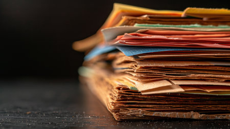 Stack of colorful papers and documents arranged in disorganized manner, showcasing various textures and colors. image evokes sense of creativity and organization challengesの素材