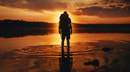 Silhouette of person standing in tranquil lake during sunset, surrounded by ripples in water. warm hues of orange and gold create serene atmosphere, evoking sense of adventure and peaceの素材