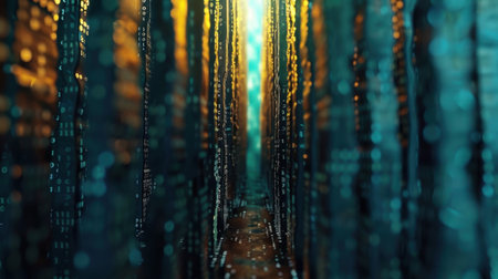 Mesmerizing digital landscape featuring corridor of glowing binary code, creating futuristic and immersive atmosphere. interplay of light and color evokes sense of exploration and technologyの素材