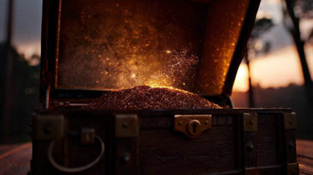 Treasure chest overflowing with shimmering gold dust and sparkling particles, illuminated by warm sunset glow, evokes sense of wonder and adventureの素材