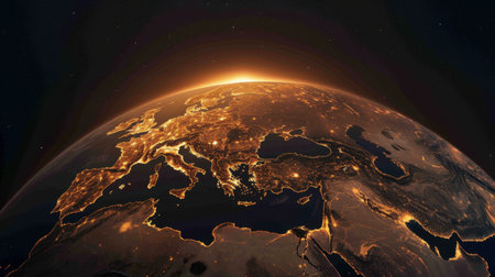 Stunning view of Earth from space, showcasing Europe illuminated at night with vibrant city lights. curvature of planet is visible, highlighting beauty of our worldの素材