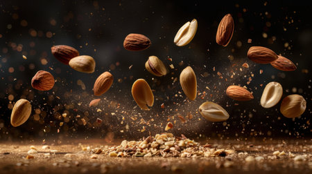 Nuts various forms are captured mid air, showcasing dynamic and vibrant display. image highlights almonds, pistachios, and other nuts, creating sense of movement and energy. background featuresの素材