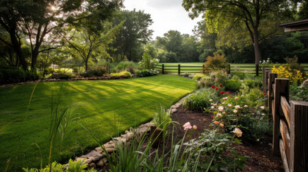 Serene garden landscape featuring lush green grass, vibrant flower beds, and wooden fence. scene is illuminated by soft sunlight filtering through trees, creating peaceful atmosphereの素材