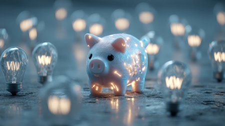 Glowing piggy bank surrounded by illuminated light bulbs creates whimsical and imaginative scene. soft blue background enhances playful atmosphere, symbolizing savings and creativityの素材