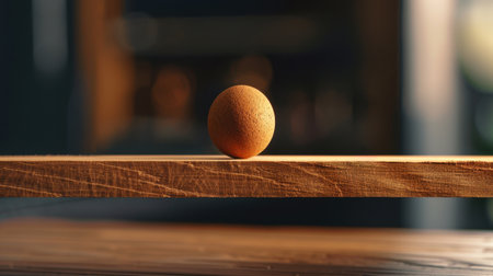 Perfectly balanced egg rests on wooden surface, showcasing its smooth texture and natural color. warm tones of wood create cozy atmosphere, enhancing simplicity and elegance of sceneの素材