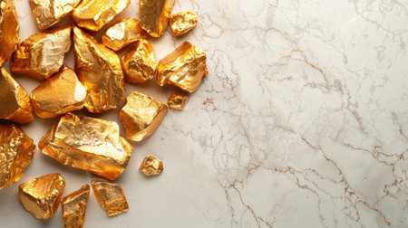 Golden nuggets on marble countertop symbolize wealth and luxury, showcasing their shiny, reflective surfaces against elegant backdrop. contrast highlights beauty of both materialsの素材