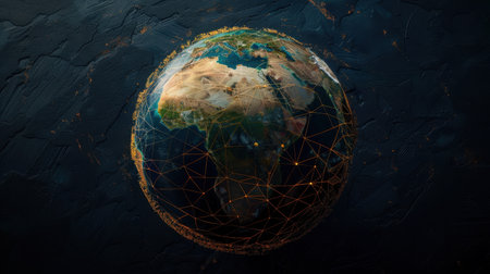 Digital representation of planet Earth, showcasing intricate network lines and glowing connections, symbolizing global connectivity and technology. image evokes sense of unity and innovationの素材