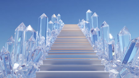 Stunning staircase made of shimmering crystals leads upward, surrounded by tall, clear crystal formations that sparkle in sunlight. scene evokes sense of wonder and tranquilityの素材