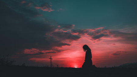 Silhouette of person kneeling in field during sunset, with cross in background. sky is filled with vibrant hues of red and blue, creating serene and contemplative atmosphereの素材