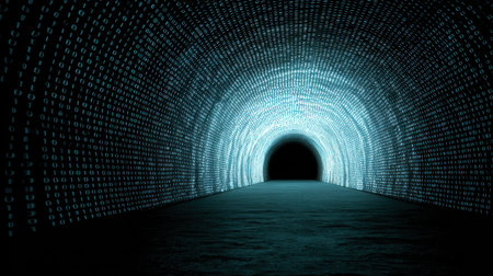 Digital tunnel illuminated by binary code creates futuristic atmosphere, symbolizing technology and data flow. dark end of tunnel evokes sense of mystery and explorationの素材