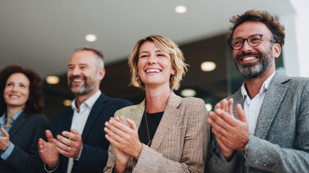 Group of professionals clapping and smiling, celebrating successful event or achievement, showcasing joy and camaraderie in modern office settingの素材