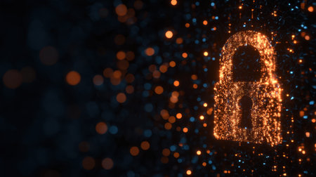 Digital lock symbol glowing in network of colorful particles, representing security and protection in technology. vibrant lights create sense of safety and innovation in digital worldの素材