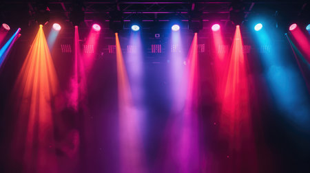 An array of colorful stage lights illuminating a dark theatreの素材