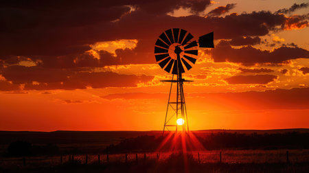 Silhouette of a windmill with spinning blades at sunset --ar 16:9 Job ID: a086dffc-976b-4133-b021-d00c329e3f58の素材