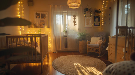 Nursery with a crib, rocking chair, and soft lightingの素材