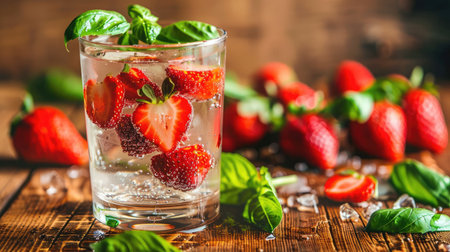 Refreshing sparkling water with strawberries and basil leaves on a wooden tableの素材
